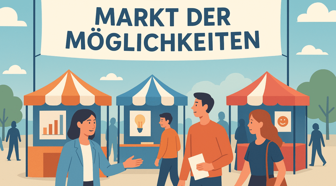 Mehrere Personen auf einem Markt mit Marktständen. Ein Banner zeigt "Markt der Möglichkeiten"