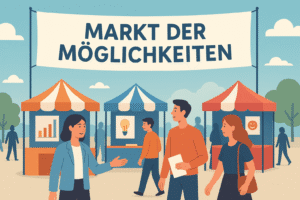 Mehrere Personen auf einem Markt mit Marktständen. Ein Banner zeigt "Markt der Möglichkeiten"